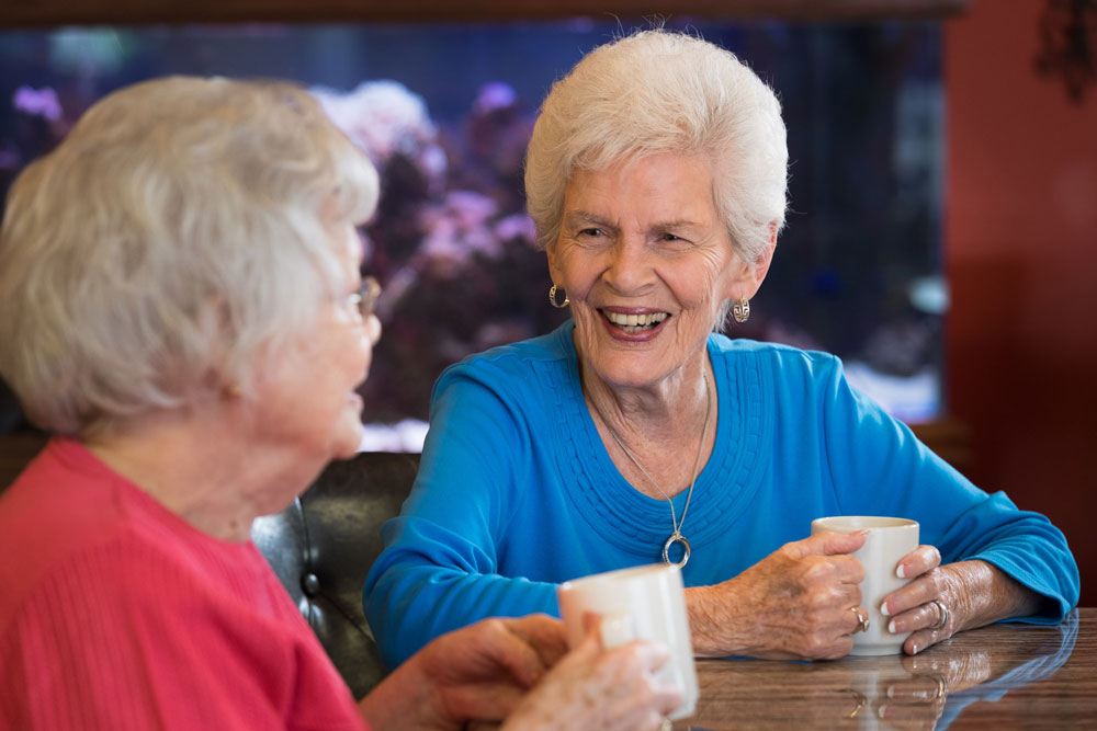 Ladies are sitting at the coffee table drinking coffee